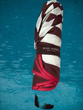 Henri Bendel Striped Foldable Umbrella — Brown, White & Red with Cover